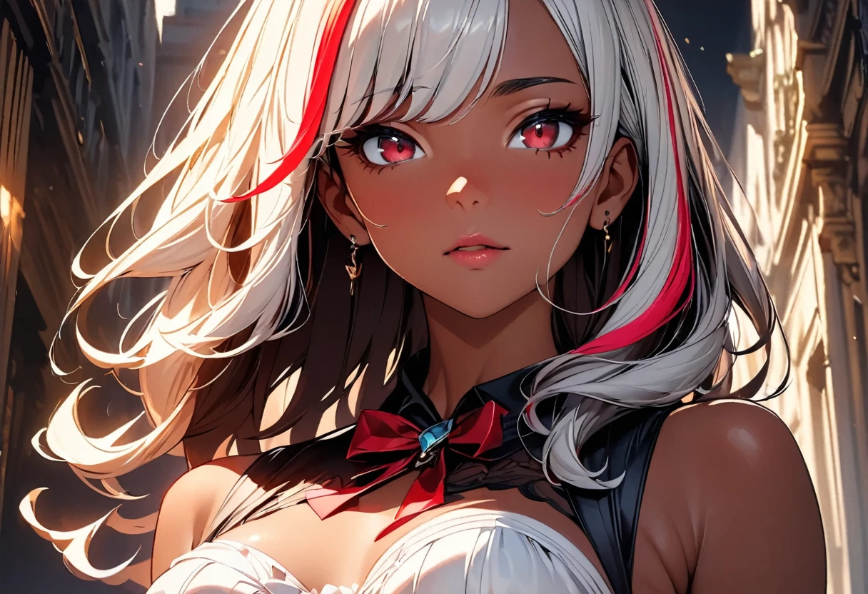 (highest quality:1.2, Very detailed, up to date, Vibrant, Ultra-high resolution, High Contrast, masterpiece:1.2, highest quality, Best aesthetics), Portraiture、girl、singer, solo, ((25-years-old:1)), Bright colors, Beautiful fine details、Beautiful lip detail、midium wave hair、red and white ((streaked hair:1.6)), highlights hair: 1.5, red eyes, slim body, medium breast, (tan skin:1.1), (Boudoir Corset:1.3), no sleeve, sexy, classic building, (upper body:1.5), close-up face, looking forward, look at viewer,