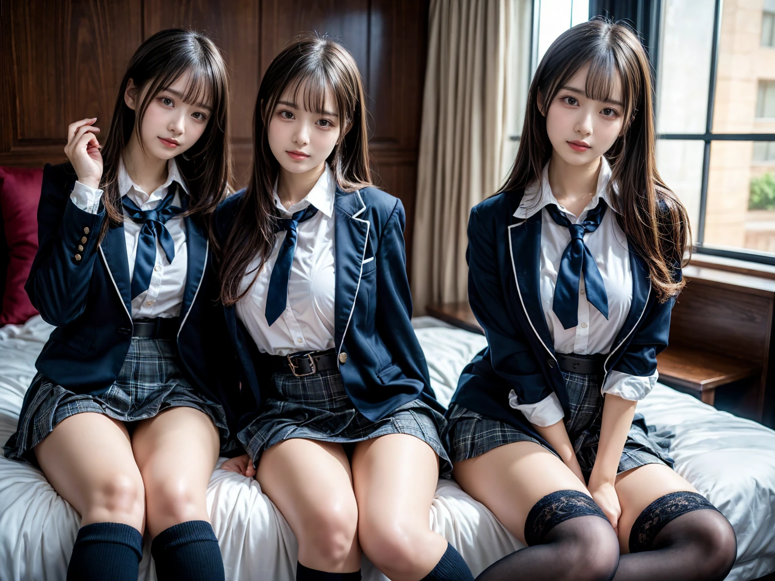 (8K, Raw photography, top-quality, masterpiece:1.2), master piece, best quality, illustration, Super detailed, fine details, High resolution, 8K,wall paper, perfect dynamic composition,(Details High quality, realistic depiction of eyes:1.3), ((2 girls, 2 schoolgirls)), The background is a luxury hotel room、High school girl uniform、blazer 、Super Short Check Uniform Skirt、Navy blue high socks、garterbelts、Colossal tits、Disturbed uniform, Play with each other,Touching each other's bodies,Touching the body of the girl next door, short bob hair, black hair color, huge breasts, Big Natural Color Lip, bold sexy pose, (perfect body shape), crying a little、cold gaze, Beautiful makeup,glitter makeup,Cutest 18 years old, beautiful legs, hposing Gravure Idol, Voluptuous thighs