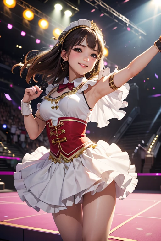 (Highest quality、 8k 、masterpiece、High resolution)、(Dancer)、Full Body Shot、15 year old girl、Idol、cute、Dancing with a smile、Outdoor Stage、AKB48 Costumes、Realistic、Realistic、Official Art、Detailed CG、Professional Lighting、Professional photographer、