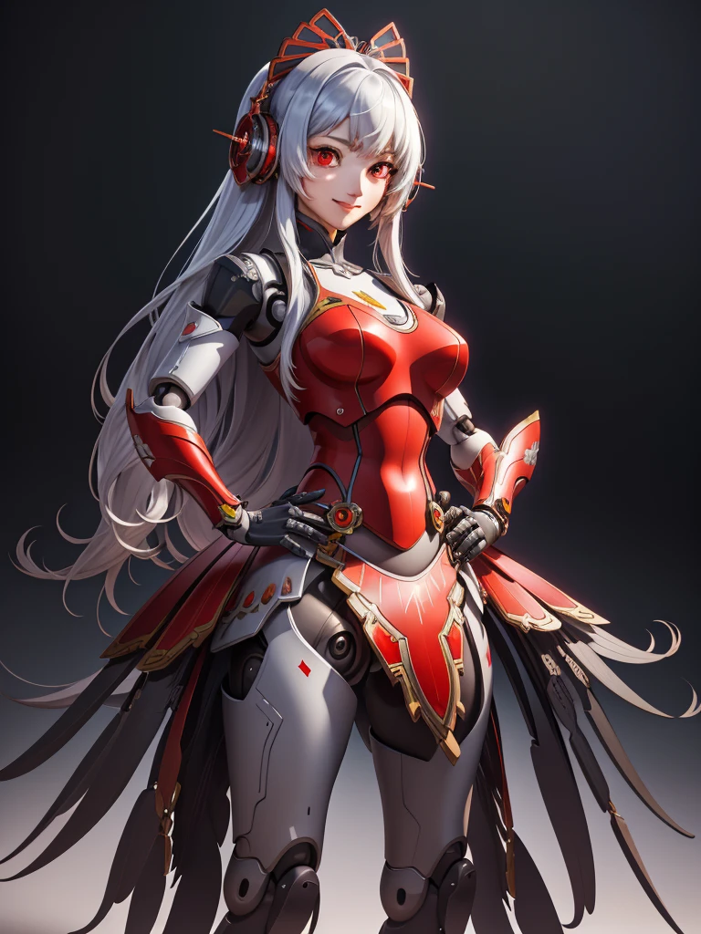 metis,android,robot joints,(extremely detailed CG unity 4k wallpaper),(masterpiece),(best quality),(ultra-detailed),(best illustration),(best shadow),(absurdres),(Simple background), White long hair (Hime cut), Red eyes, Smile, happy, Hands on hips,