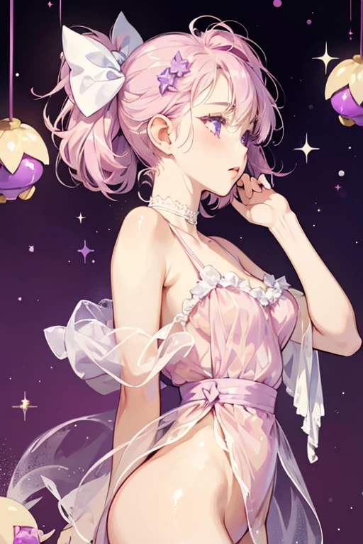 A split-colored flan, her top is lilac and her bottom half is chiffon. She has one eye shut and a muzzle, but no mouth. Her cheeks are very pale pink. Purple syrup covers her head and ears, and she has a melting, cream-colored frosting bow. SPARKLE; GLITTER