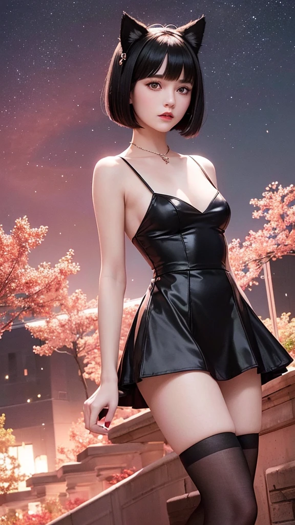 Delicate and dainty young woman with shiny bob-cut black hair and real cat ears. She is wearing red cute wear with mini-skirt. The background is a fantastic and ethereal night sky that seems to be haunted by a specter. Her expression is stern and atmospheric. , real photo style, beautiful face, stockings