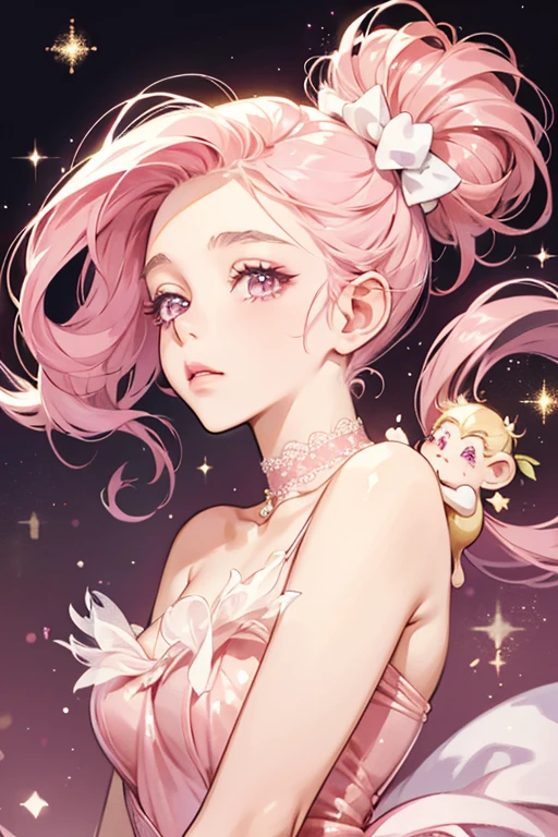 A glittery pearl pink flan monkey with a pale cream face, ears, and syrup. She has a shut eye and muzzle but no mouth, and her cheeks are a faint, pale pink. She wears a hot pink bow. SPARKLE; GLITTER