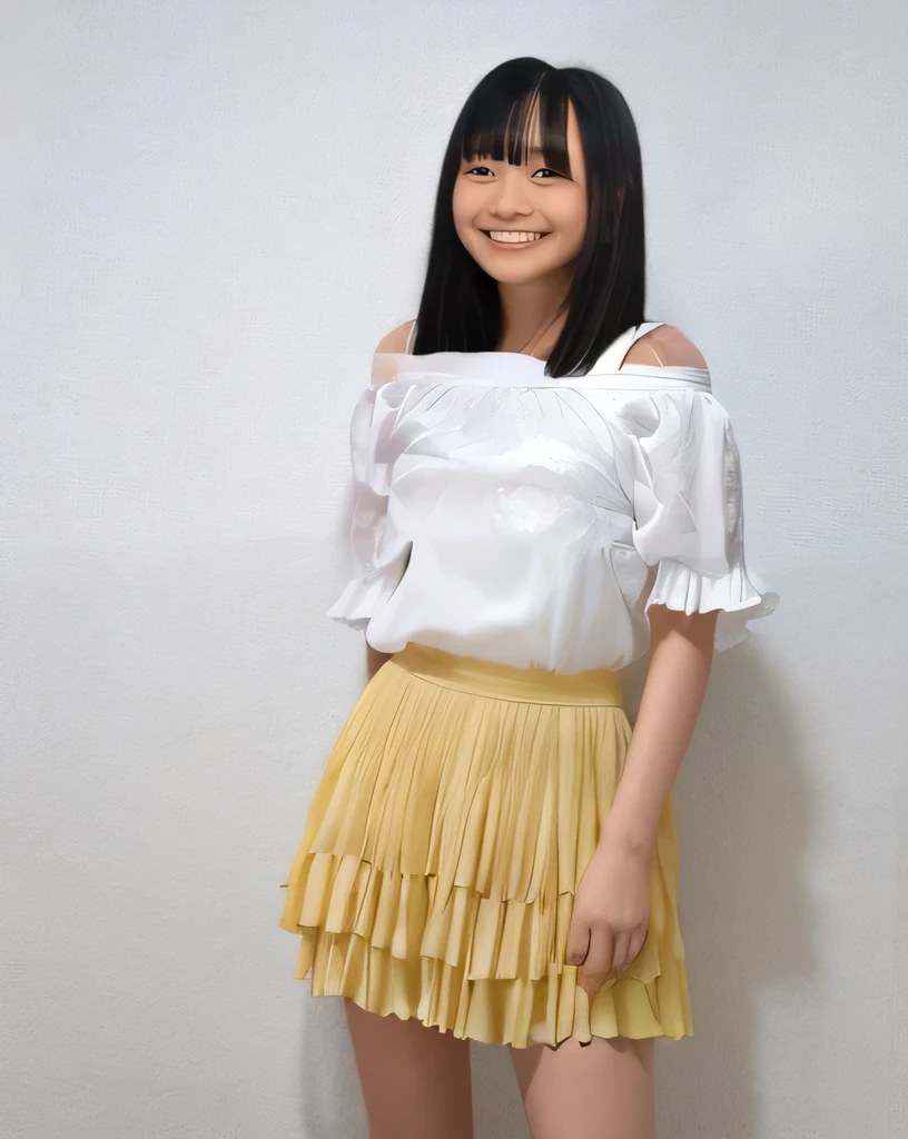 Super detailed,Highest quality,One female,White short sleeve off-the-shoulder blouse,Chiffon frill skirt,Posing for a photo,In a room with white walls,Illuminated by spotlights