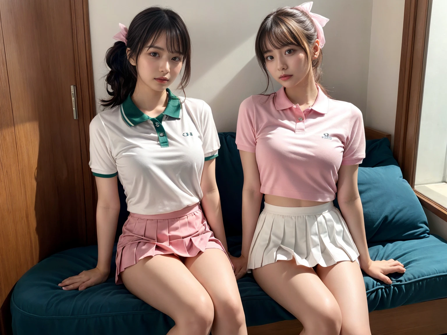 masterpiece, best quality, illustration, Super detailed, fine details, High resolution, 8K,wall paper, perfect dynamic composition,(Details High quality, realistic depiction of eyes:1.3), (2 girls), BREAK (white theme:1.4), (tucked-out short sleeve white polo shirt:1.4), (pink lines on tops outline:1.3), (pure white pleated mini skirt:1.3), (hem of top covers top half of skirt:1.3), (pink fluffy scrunchie on wrist:1.3), (white and pink sports shoes:1.2), sitting, open legs, short bob hair, in a hotel room in the background, deep on field, (large breasts:1.2), black hair color, Big Natural Color Lip, (perfect body shape), crying a little、Harajuku style、20 year old girl、cute type、beautiful legs, Gravure Idol