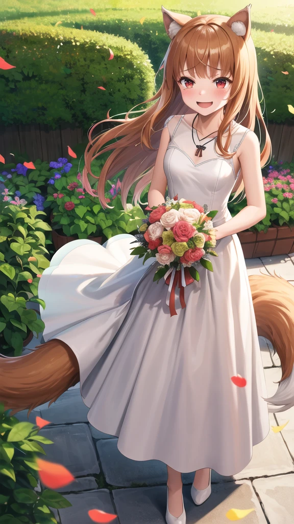 masterpiece, best quality, highres, 1girl, long hair, brown hair, animal ears, red eyes, wolf tail, necklace, wedding dress, white dress,  garden, standing, holding bouquet, smile, tears, confetti,