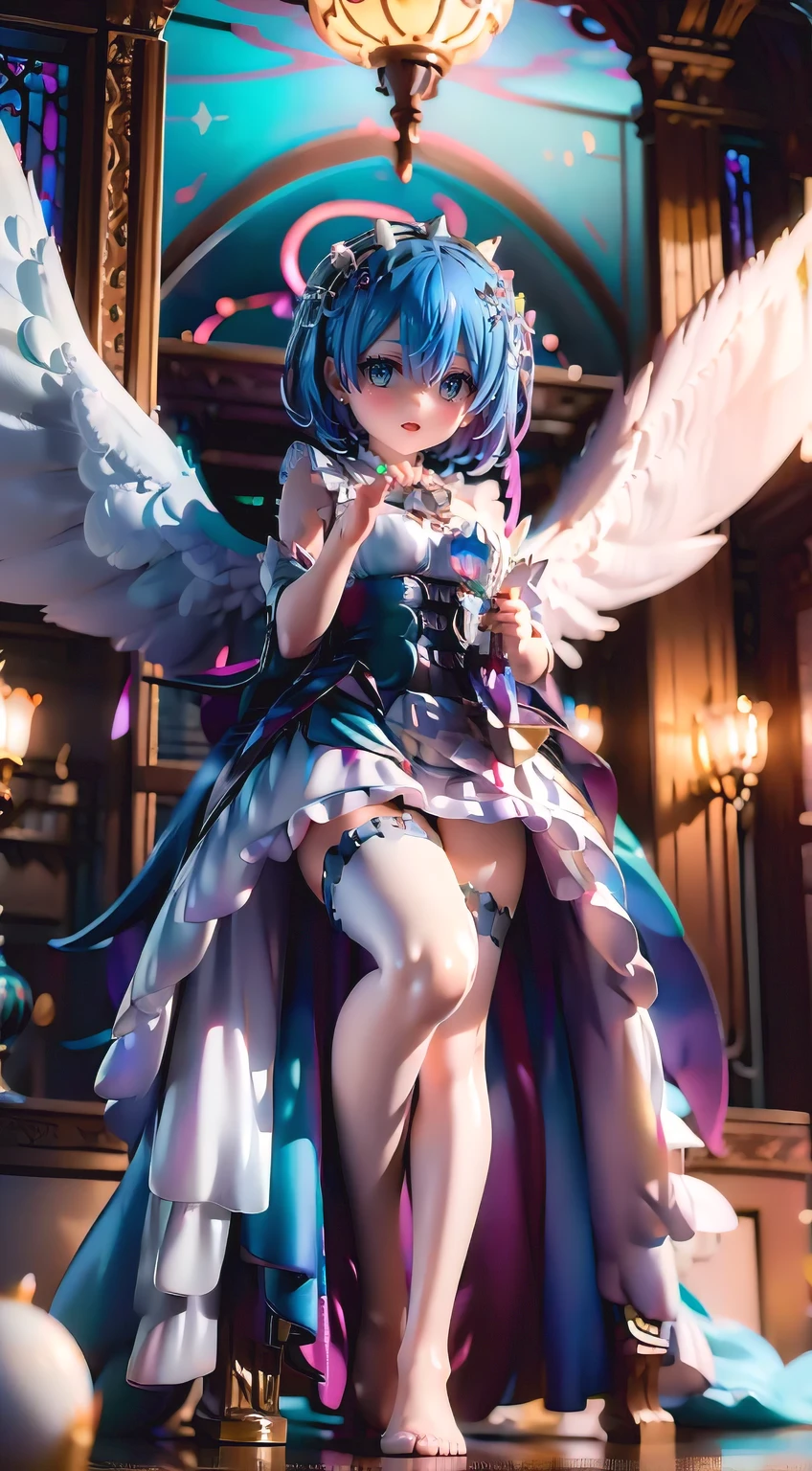 (((((Rem grows giant in the castle room))))),Ultra-realistic photo of a girl in a majestic white and golden ball gown dress, Big beautiful dress, Lots of frills and rhinestones、Intricately voluminous ball gown (Highest quality, Tabletop, ((Angel Wings:1.2))。 Art Station, Fantasy art:1.2), Palace Room, Beautiful cute girl, Rem from Re:Zero、(Blue Shorthair:1.3), One eye is hidden by his bangs、(Intricate short gold skirt, barefoot:1.2, Full Body Shot)、Very large breasts、Height 150cm、Beautiful Eyes、Detailed eyes、