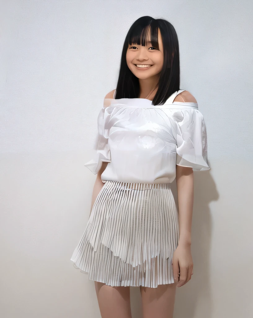 Super detailed,Highest quality,One female,White short sleeve off-the-shoulder blouse,Chiffon frill skirt,Posing for a photo,In a room with white walls,Illuminated by spotlights