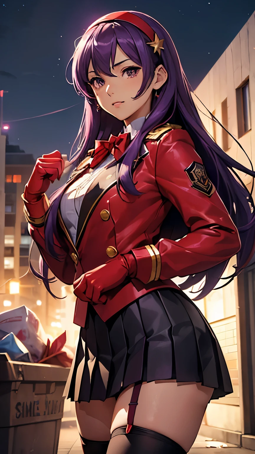 Athena Asamiya，((Beautiful purple long hair，Red headband))，(8k，Realistic，RAW Photos，Highest quality:1.28)，Beautiful Face，Realistic lips，Beautiful and detailed hair，Charm，Intricate details，Very beautiful and detailed eyes，(Red Blazer Uniform，Red gloves on both hands，Pleated mini skirt，Black Tin High Stockings:1.35)，A relaxed smile，Intricate details，Supermodel，A pure and righteous super idol，(Confronting a thug:1.25)，(Sexy panties visible:1.17)，Detailed Pixels，Dynamic Angle，((A garbage dump in a dead end late at night:1.09))，Professional Lighting