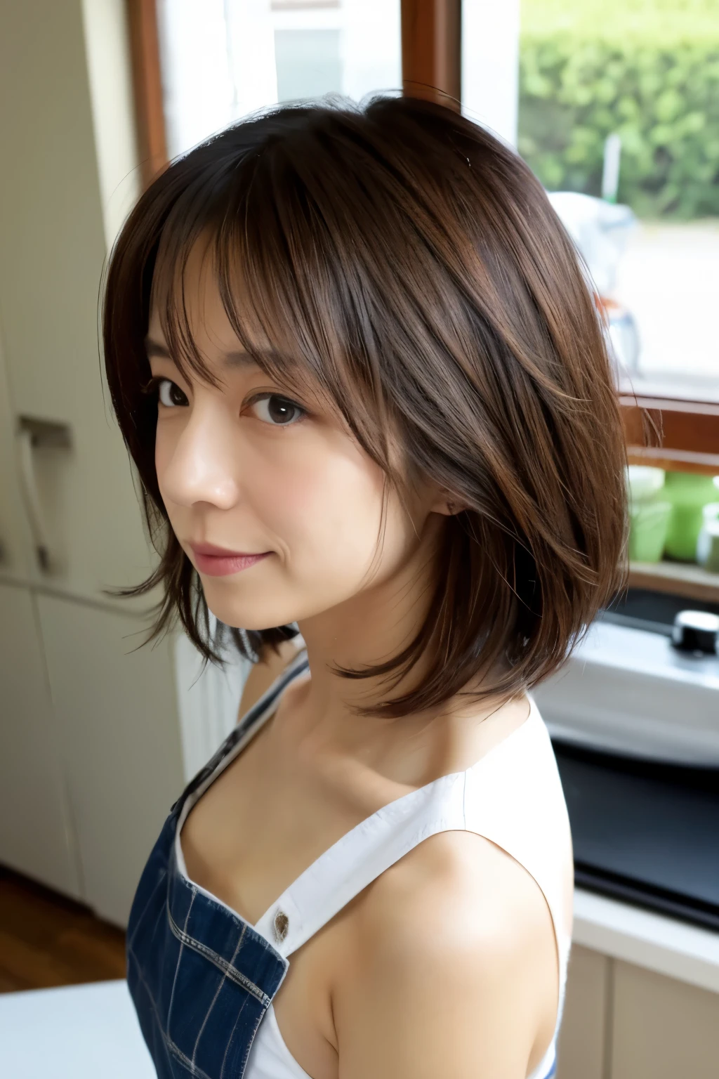 (masterpiece), high quality, high resolution, back view of a skinny Japanese woman, 40 years old, naked but wearing only an apron, short hair, cute face, detailed face, detailed (masterpiece), high quality, high resolution, back view of a skinny Japanese woman, 40 years old, naked but wearing only an apron, short hair, cute face, detailed face, detailed eyes, standing at the kitcheneyes, standing at the kitchen