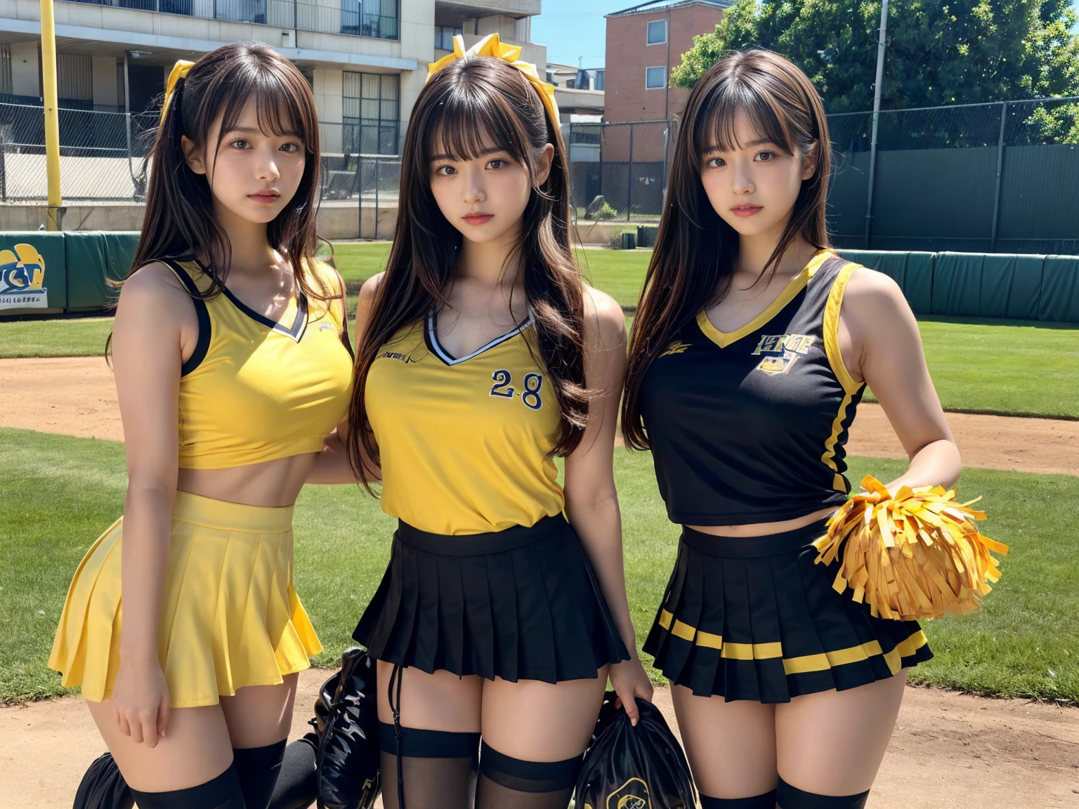 masterpiece, best quality, illustration, Super detailed, fine details, High resolution, 8K,wall paper, perfect dynamic composition,(Details High quality, realistic depiction of eyes:1.3), (3 girls), BREAK (cheerleader uniform with yellow as basic color:1.3), (holding a yellow pompoms in hand:1.4), (sleeveless yellow tunic with baseball team logo:1.4), yellow tops, (bold V-neck:1.3), ((Blue lines, black lines) on tops:1.3), ((fit and flare, A-line):1.3), (A-line yellow rah-rah skirt:1.3), mini skirt, (black socks:1.3), (sports shoes:1.2), sitting, open legs, short bob hair, in a hotel room in the background, deep on field, large breasts, black hair color, Big Natural Color Lip, (perfect body shape), crying a little、Harajuku style、20 year old girl、cute type、beautiful legs, Gravure Idol