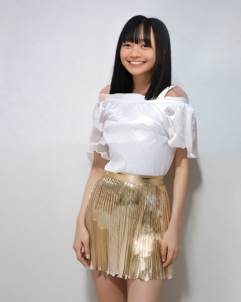 Super detailed,Highest quality,One female,White short sleeve off-the-shoulder blouse,Chiffon frill skirt,Posing for a photo,In a room with white walls,Illuminated by spotlights