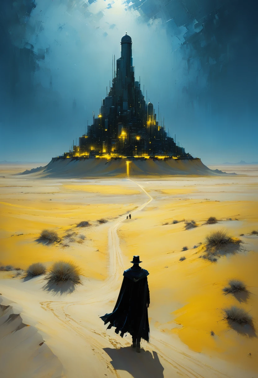 Pixelart por Jeremy Mann, Man in black cape in the yellow desert walking alone finding a new city in the sands at night, mostly blue tones and small details in yellow, 4D high relief texture painting, 8k, 4D, futuristic, water tank in the background, ornate desert, aerial view, view from far away, photorealism, abstract impressionism