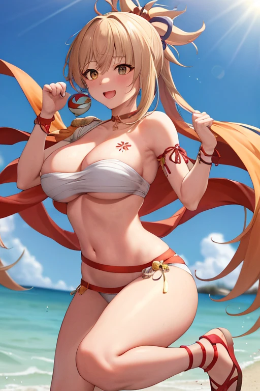 masterpiece, best quality, beautiful art, high resolution, well formed hands, body and fingers, 1 woman, solo, Yoimiya , grown up, arabian belly dancer, adult, large and round breasted, cleavage, hair ribbon, full body, sexy and skimpy arabian belly dancer outfit , gorgeous legs and thighs , ,fighting in a combat match, showing her fighting skills, making her guard, about to hit the viewer, looking at the viewer, sweating, bouncing breasts, smiling joyfully and brightly, being confident and proud, action and fighting scene, fighting cage on beach environment.