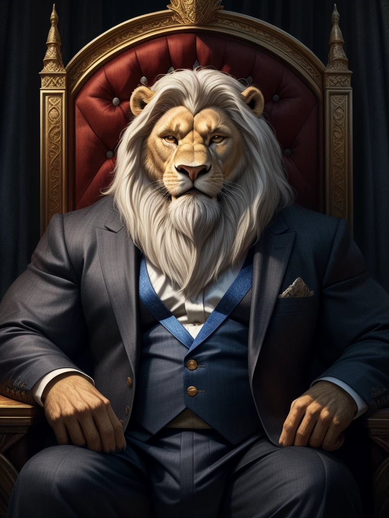 there is a old man in a suits sitting in thrones, short hair, bearded, white hair and beard, wrinkles skinned, strong muscle, strong and intimidated, furry white lion, masterpiece, character portrait, muscular, commission for high res, male, epic and classy portrait, fantasy art, anthro art, a lion, very very beautiful art, dapper dream demon