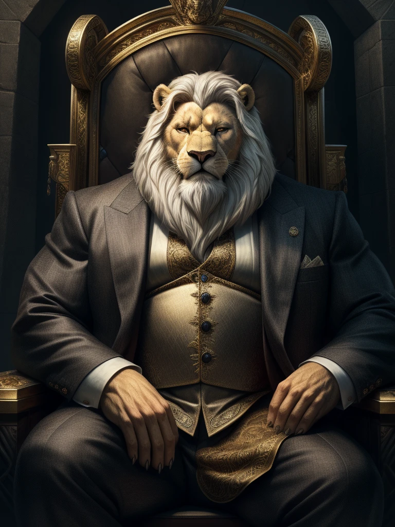 there is a old man in a suits sitting in thrones, short hair, bearded, white hair and beard, wrinkles skinned, strong muscle, strong and intimidated, furry white lion, masterpiece, character portrait, muscular, commission for high res, male, epic and classy portrait, fantasy art, anthro art, a lion, very very beautiful art, dapper dream demon