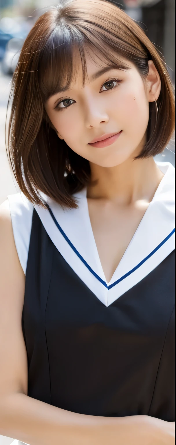 ((top-quality, 8K, masterpiece:1.3)), sharp focus:1.2, Beautiful Women in Perfect Style:1.4, Slender Abs:1.2, full body, wearing sleeveless shirts wide pants, ((weavy dark brown short hair:1.2)), (natural soft light, City Street:1.1), Highly detailed facial and skin texture, A detailed eye, double eyelid, uniform, Female, 24 years old