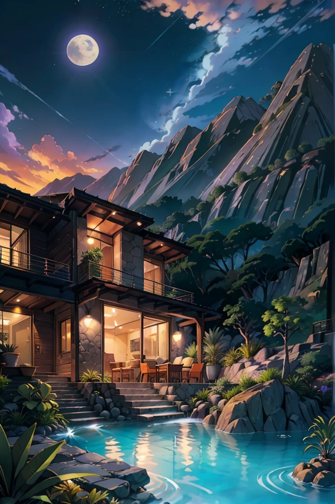 small and beautiful modern house in top of big boulders, terraces, pool, stairs, multiple cacti gardens, palms, trees, rocks, beautiful landscape design, mountains and volcano y background, amazing clouds, sun, moon, planets, milky way galaxy, concrete, wood, glass and steel materials, olive green, violet, orange and withe colors in facade