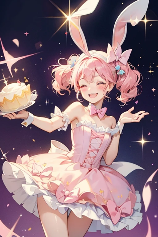 A three-color bunny flan coming in chiffon, pale pink, and pearl blue. She is coated in glitter and makes an excited expression with one eye shut. She wears a pearl bow. SPARKLE; GLITTER