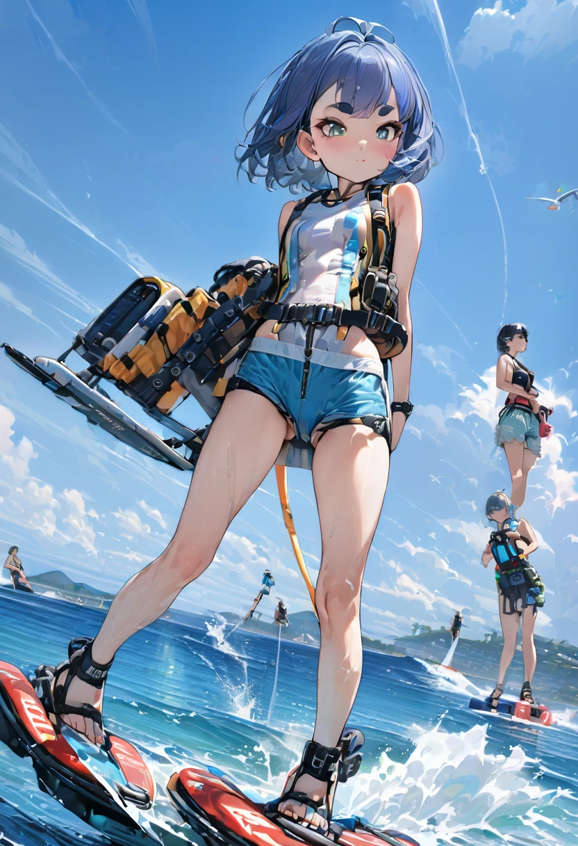 (masterpiece, best quality:1.1), (ultra highres, ultra-detailed:1.2),beautiful art,(girl is enjoying flyboarding),life vest,flyboard,Clear and beautiful sea and blue sky,(,detailed face, BREAK (darkblue hair, wavy-short hair),middle thick eyebrows,,middle small breasts,fullbody),