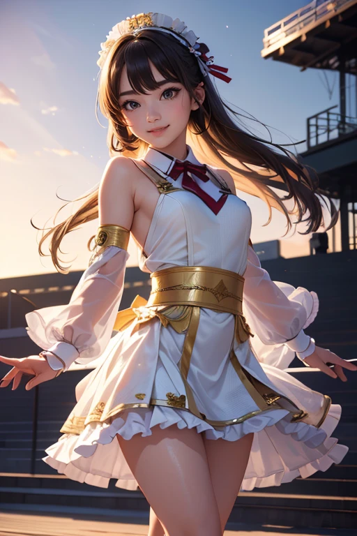 (Highest quality、 8k 、masterpiece、High resolution)、(Dancer)、Full Body Shot、15 year old girl、Idol、cute、Dancing with a smile、Outdoor Stage、AKB48 Costumes、Realistic、Realistic、Official Art、Detailed CG、Professional Lighting、Professional photographer、