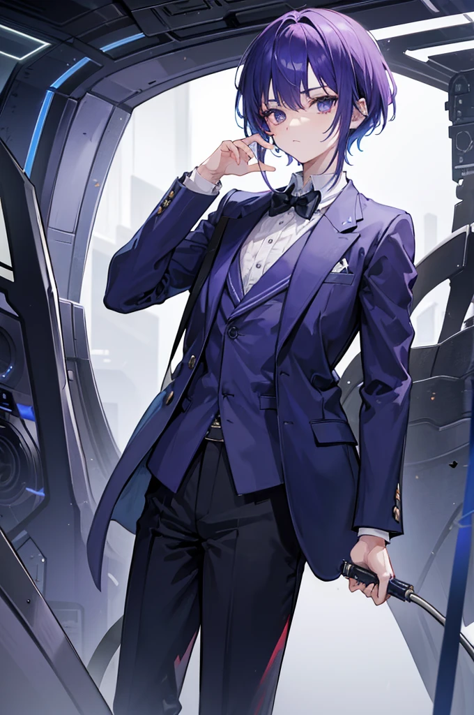 1 boy , calm, short purple hair with long fringe, dark blue blazer, futuristic school background, , 8K, masterpiece, absurdres, high res, ultrasharp, looking at viewer