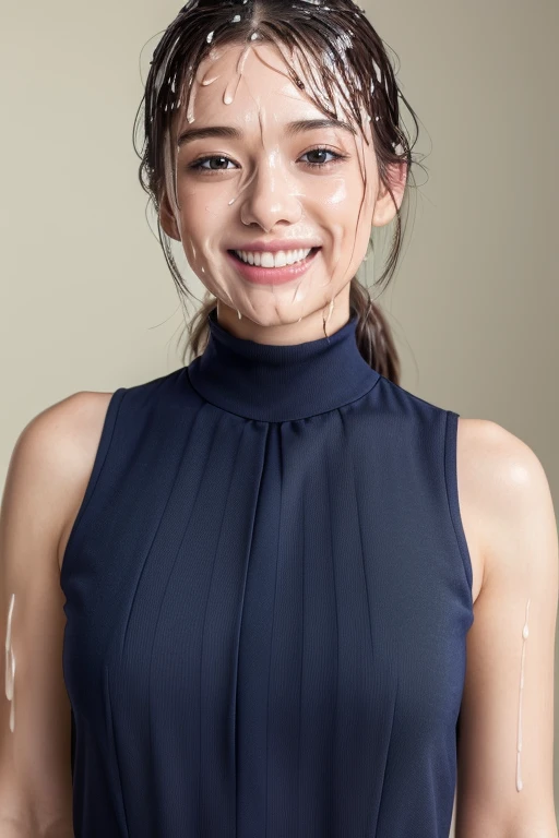 (Highest quality, 4K, 8k, High resolution, masterpiece:1.2), Very detailed, (Realistic, photoRealistic, photo-Realistic:1.37)、smile、Japanese、(Navy blue high neck sleeveless shirt)、(((Bukkake)))、Lips parted,