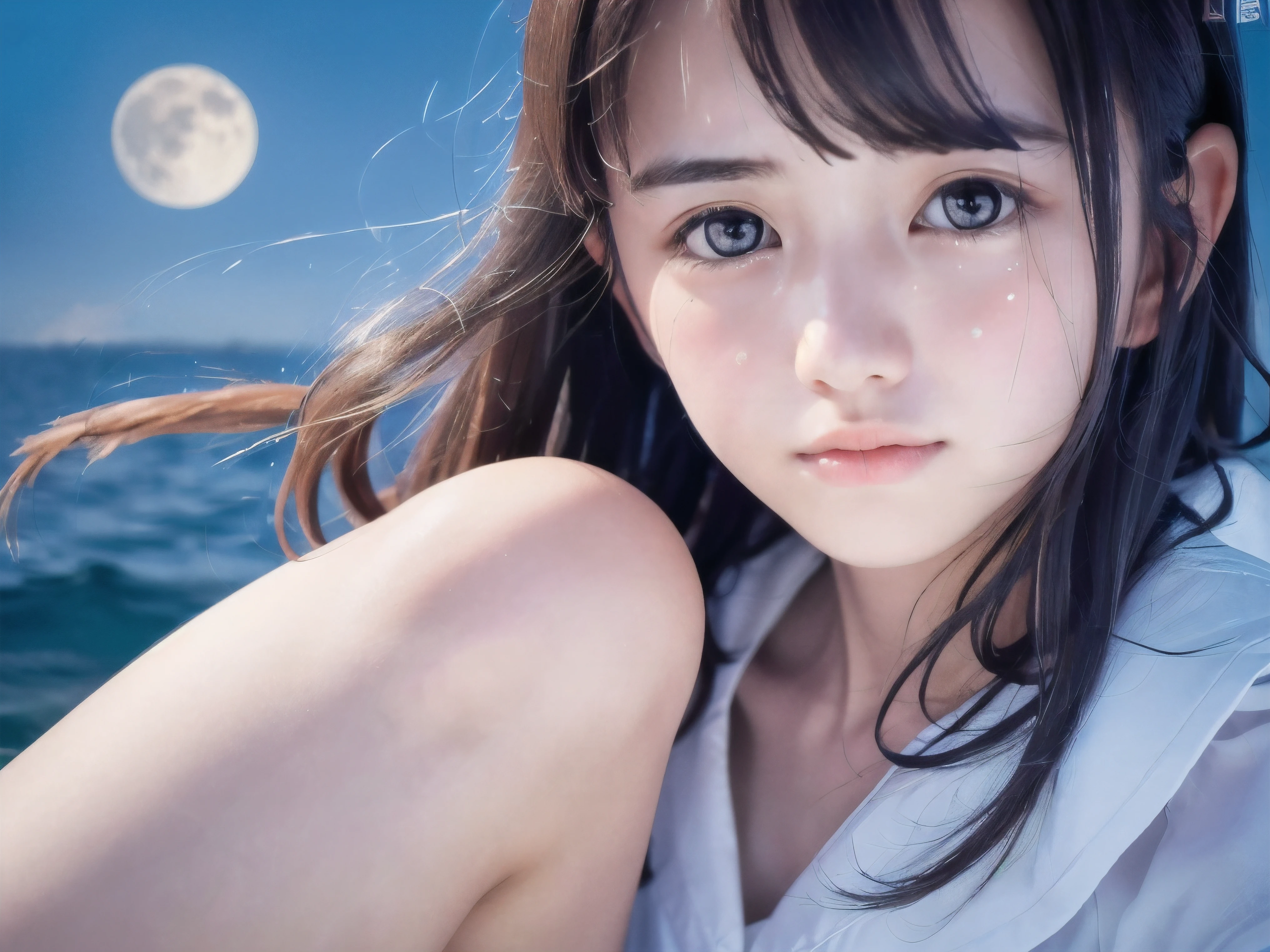 (Close up face shot of slender small-breasted half up brown long hair with bangs girl wearing a white summer dress:1.5)、(One girl is turn around and crying face with tears at the cape of the sea in Japan:1.5)、(Beautiful full moon night on the sea:1.5)、(blurred background:1.5)、(8k ultra detailed master piece:1.5)、(perfect anatomy:1.5)、(Photorealistic stick:1.5)、(Raw photo:1.3)、(highest quality:1.5)、(High resolution:1.3)、(Delicate and beautiful perfect face:1.3)、(Delicate and beautiful eye air skin:1.3)、(Real Human Skin:1.3)、((thin legs))