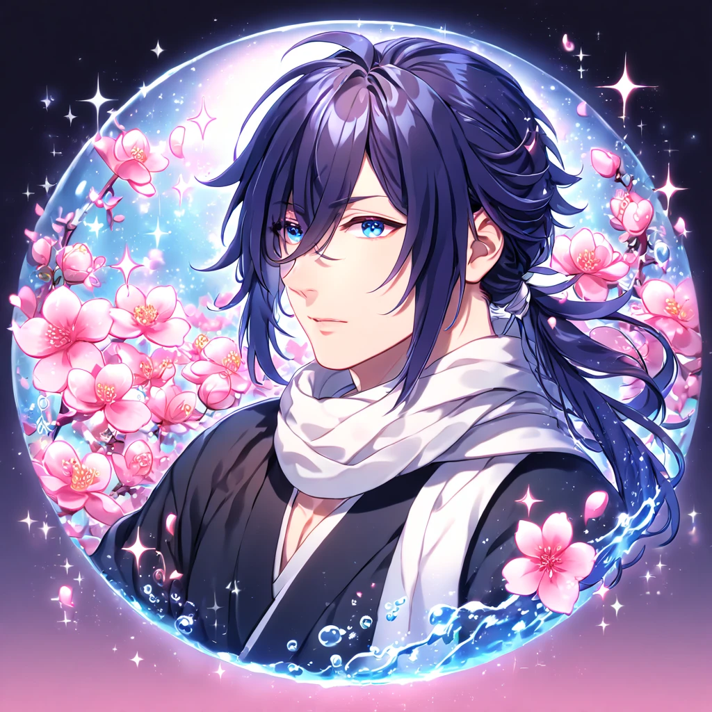 absurdres, highres, ultra detailed, HDR, master piece, best quality, Hajime Saito, long indigo hair, hair loosely tied into a side low ponytail, hair over the right eye, expressive blue eyes, Hakuouki, solo, sexy man, handsome, white scarf, black kimono, water, fantasy, magical, shining, pink flowers, pink blossoms, pink petals, pink butterflies, sparkling glass