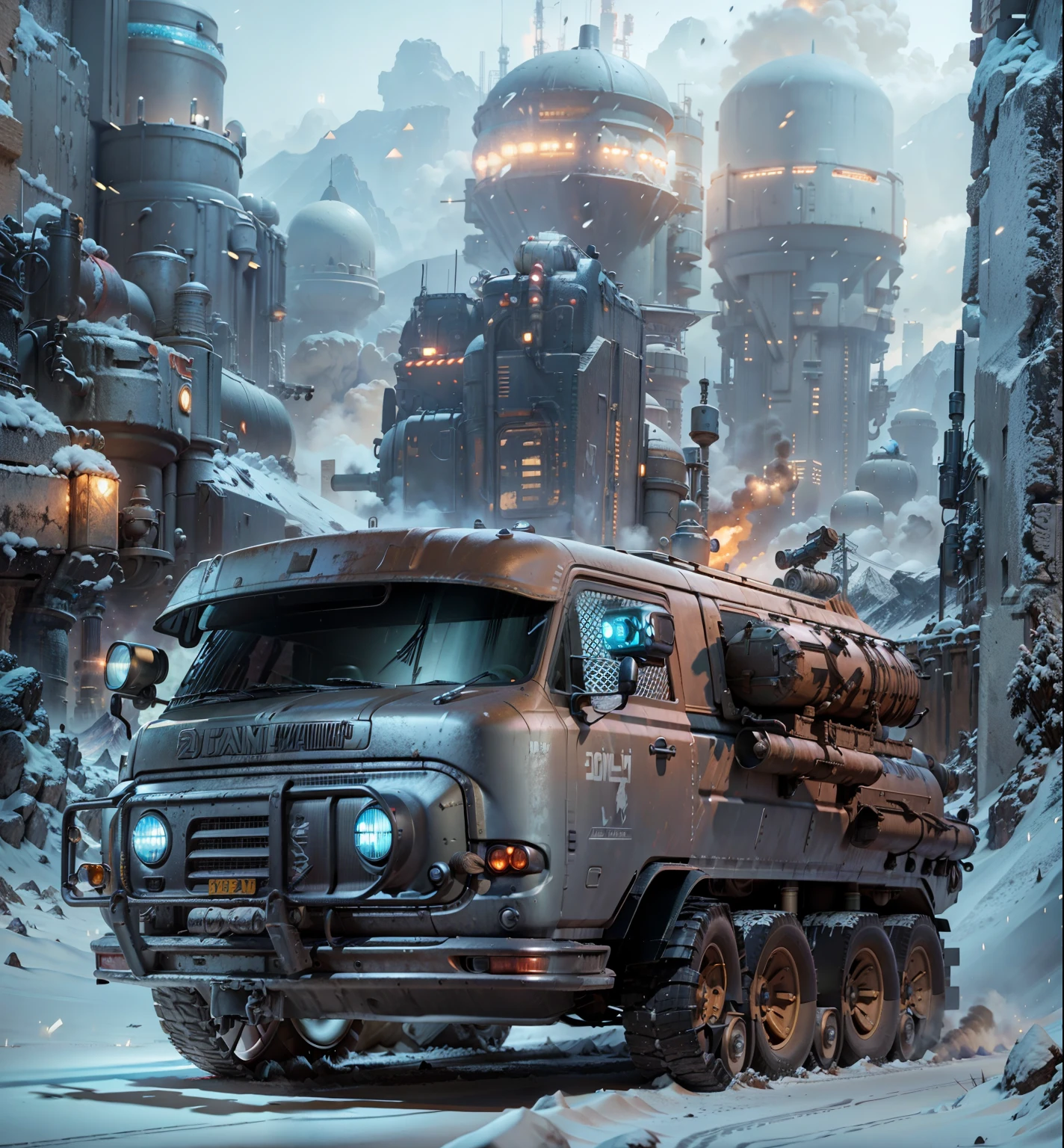 there is an armed with missiles on roof, machine guns in the low bumper and a huge cannon in the back seat truck with four wheels driving in the desert with a great rocket near the back mountains, vehicle concept photo!!, sci-fi highly detailed, concept art like ernest khalimov, sci-fi car, 3 d render and matte painting, in mad max style, rolands zilvinskis 3d render art, vehicle illustration, highly realistic concept art, 8 k high detail concept art