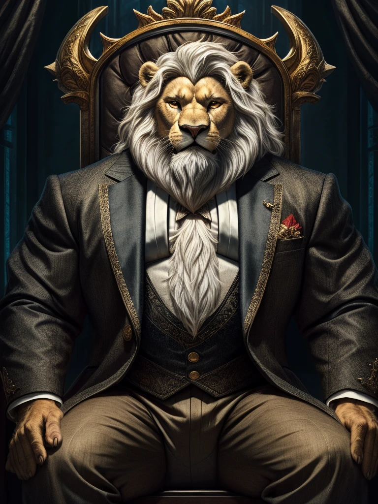 there is a old man in a suits sitting in thrones, short hair, bearded, white hair and beard, wrinkles skinned, strong muscle, strong and intimidated, furry white lion, masterpiece, character portrait, muscular, commission for high res, male, epic and classy portrait, fantasy art, anthro art, a lion, very very beautiful art, dapper dream demon