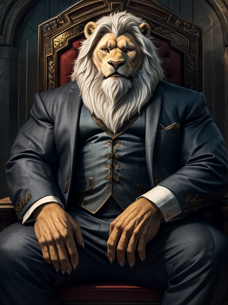 there is a old man in a suits sitting in thrones, short hair, bearded, white hair and beard, wrinkles skinned, strong muscle, strong and intimidated, furry white lion, masterpiece, character portrait, muscular, commission for high res, male, epic and classy portrait, fantasy art, anthro art, a lion, very very beautiful art, dapper dream demon