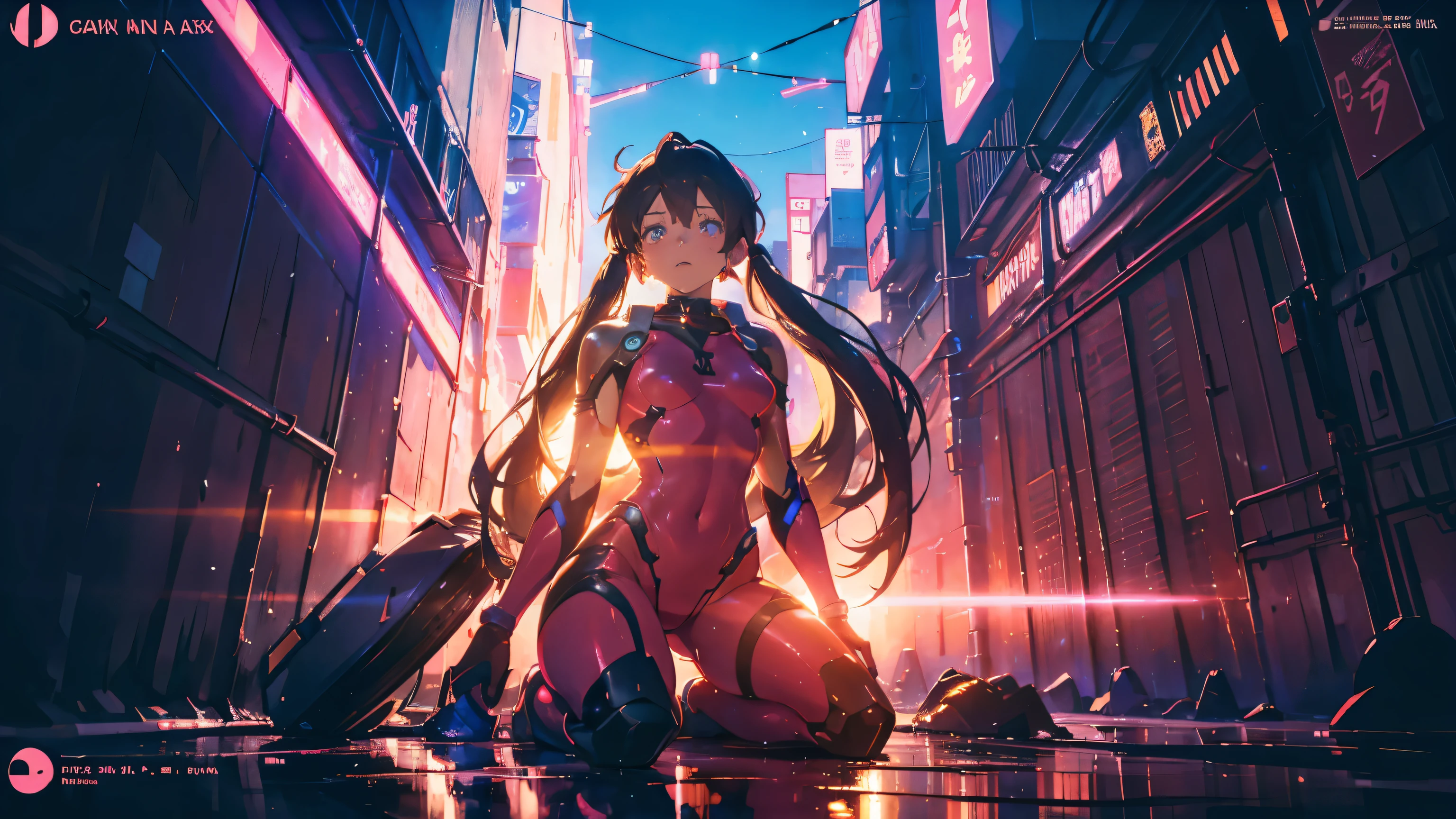 Makinami, A cartoon girl in pink and black clothes is sitting on the ground, Gainax Anime Style, Anime characters; Full Body Art, female Anime characters, body and soul! Asuka Suit, Asuka Suit under clothes!, This character has the ability to freeze., cel - shaded art style, Anime characters, Streamlined pink armor, Gordon Freeman as a Woman, low twintails, brown hair, Surrealism, cinematic lighting, UHD, high details, best quality, highres, 8k