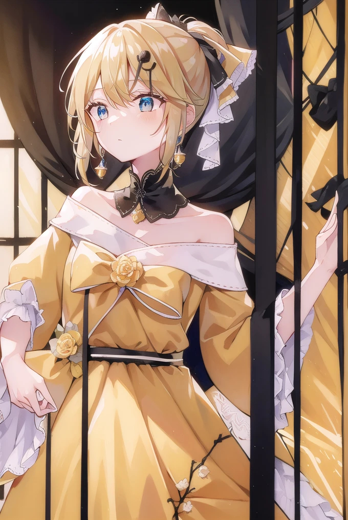 riliane,
riliane, blonde hair, blue eyes, ponytail, short hair, parted bangs,
BREAK bow, bracelet, dangle earrings, detached collar, dress, (yellow dress:1.5), dress bow, earrings, flower, flower brooch, frilled dress, frills, gown, hair bow, hair ornament, hairclip, jewelry, long sleeves, necklace, off shoulder, off-shoulder dress, pendant, sash, wide sleeves,
BREAK cowboy shot, looking at viewer,
BREAK indoors,
BREAK, (masterpiece:1.2), best quality, high resolution, unity 8k wallpaper, (illustration:0.8), (beautiful detailed eyes:1.6), extremely detailed face, perfect lighting, extremely detailed CG, (perfect hands, perfect anatomy), a queen in her castle