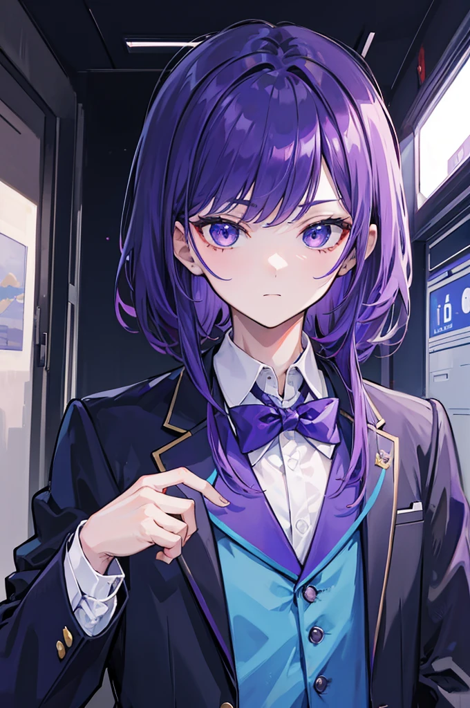 1 boy , calm, purple hair, dark blue blazer, futuristic school background, , 8K, masterpiece, absurdres, high res, ultrasharp, looking at viewer