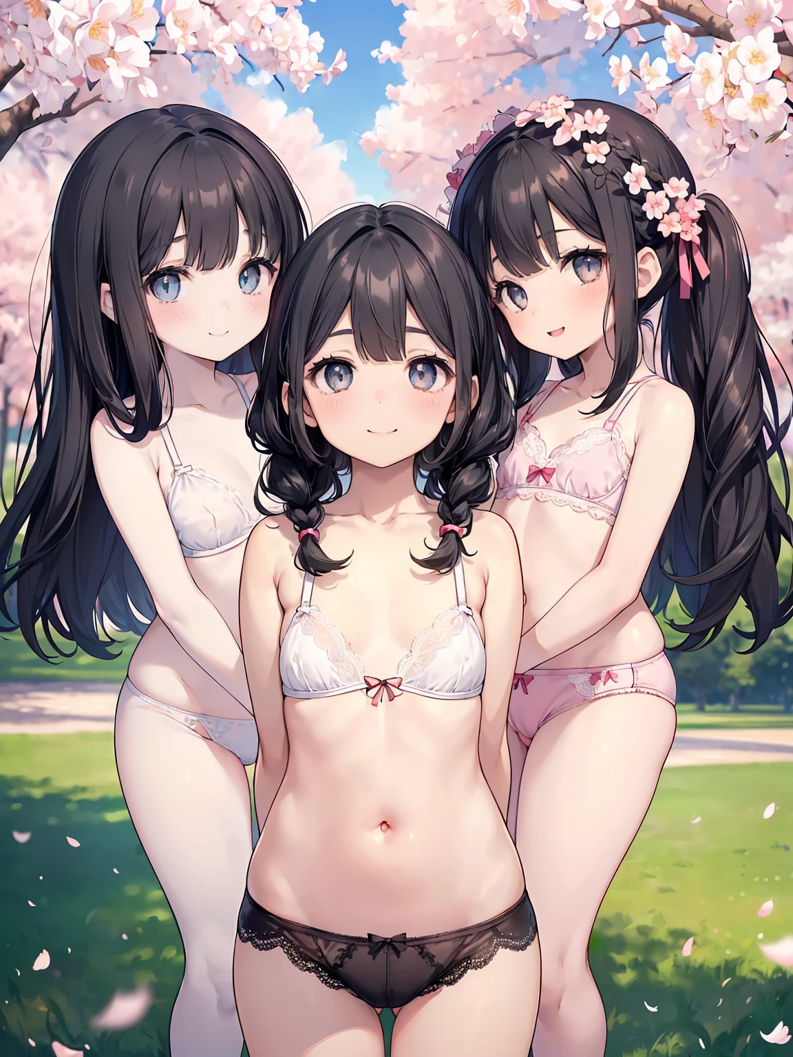 Very detailed, Highest quality, High resolution, Moe Anime, ((Three s in underwear:1.2)), (Black Hair:1.4), (Baby Face), Cute eyes, Detailed eye depiction, Eyes sparkling, Dark eye color, View your audience, Pale skin, (Big eyes:1.4, Droopy eyes:1.4), Focus on the face, In the park with cherry blossoms falling, ((Lace bra)), ((Lace panties)), Bright Eyes, ((Petite)), ((Young)), ((nsfw:1.2)), (Flat Chest:1.4), ((Different hairstyles:1.4)), ((A big smile:1.5)), (Slightly below:1.4), (arms behind back:1.4)