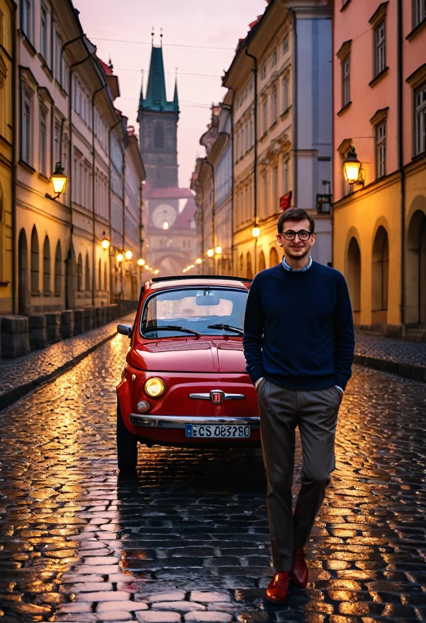 8K quality, ultra-high definition realism, A man driving a Fiat, tall and slim, with short brunette hair and thin stubble, wearing glasses and an intellectual air, on a bridge in Prague after the rain, gas lamps are lit, the cobblestones are wet, the red light of the sunset is reflected on the wet cobblestones, the sunset has a graduation from red to navy blue, backlit, dark shadows, Prague in autumn, the man is wearing a light sweater and slacks and loafers, the camera focuses on the man and his car in backlighting.
