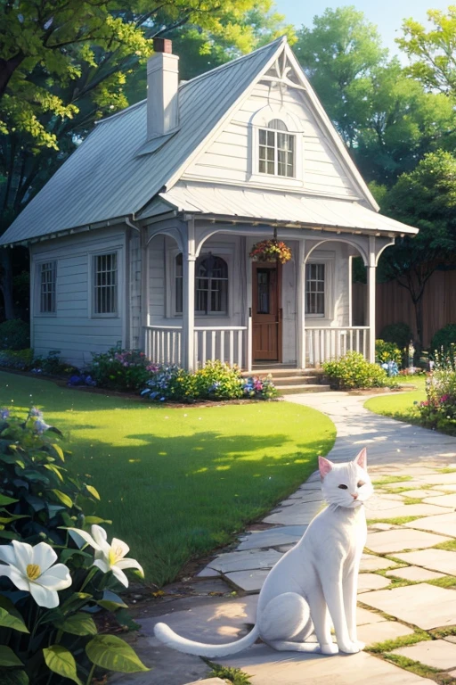 A white cat stood in front of his house. The house is a cute little wooden house with a beautiful flower garden.