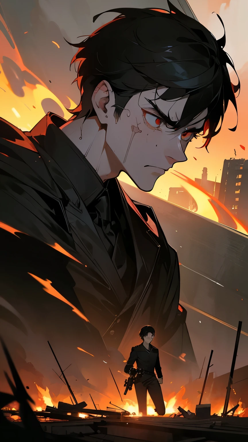 The hero, kneeling among the burning ruins, holds his dead friend. Tears in his eyes and clenched jaw show his pain. His expression (well detailed) changes to rage as the traitor walks away into the distance. 2.5d anime style with vertical image format. a single detailed panel. masterpiece, highest quality, (solo focus), (perfect face:1.1), (high detail:1.1), (hyper detailed eyes), dramatic, a guy with pale skin and short black hair, red eyes, holds his dead friend, short hair, sunset, black suit, rage expression, detailed background of burning ruins, cinematic lighting, fire, shadow of traitor in the background
