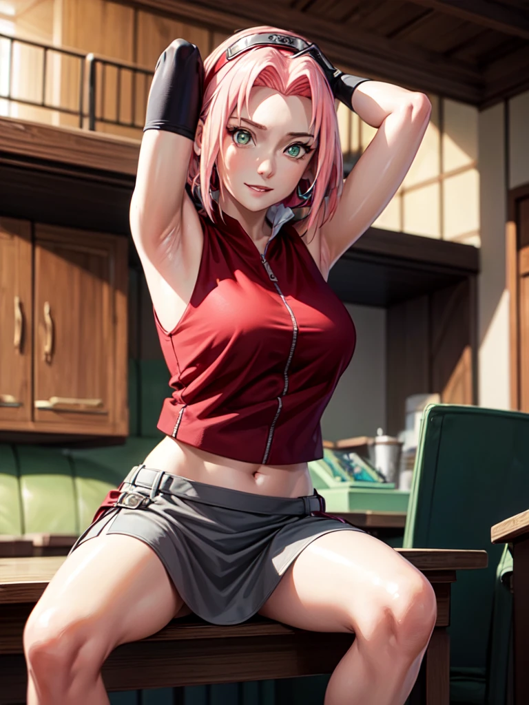 Sakura Shippuden, red shirt, Wrap your legs, skirt, Shoes without toes, 검은 속skirt, Sleeveless, forehead, green eyes, ยามforehead, black gloves, perfect, Masterpiece, (best quality, mackerel:1.2), 1 woman, Beautiful and delicate eyes, Beautiful and delicate lips, Highly detailed eyes and face, Long eyelashes, center:oil painting, bright colors, HDR, studio lighting, Very detailed drawings, Sharp focus, Physical rendering, Very detailed explanation, Portrait, ((Organized fingers)), attractive body, big breasts:1.3, perfect 모양, Facing the audience, difficult, That's cool., sitting astride., smile, (Place your arms behind your head..:1.2), navel