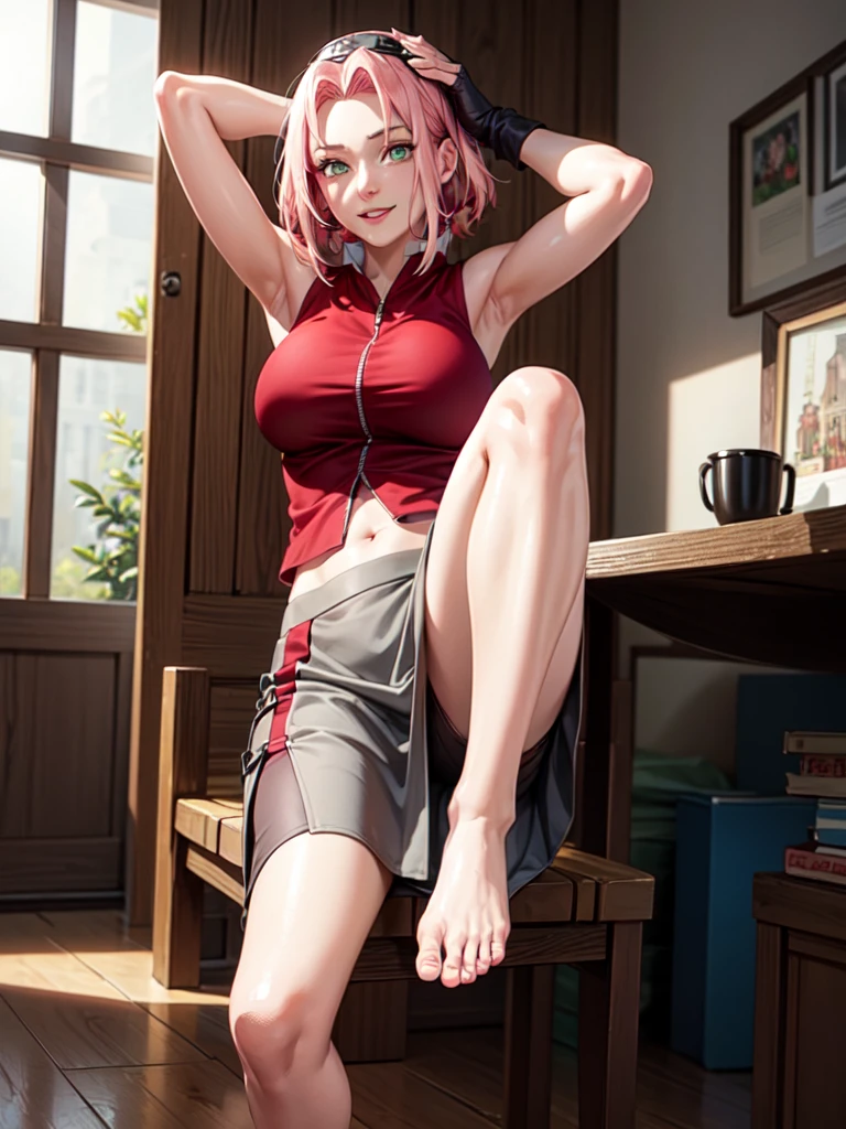 Sakura Shippuden, red shirt, Wrap your legs, skirt, Shoes without toes, 검은 속skirt, Sleeveless, forehead, green eyes, ยามforehead, black gloves, perfect, Masterpiece, (best quality, mackerel:1.2), 1 woman, Beautiful and delicate eyes, Beautiful and delicate lips, Highly detailed eyes and face, Long eyelashes, center:oil painting, bright colors, HDR, studio lighting, Very detailed drawings, Sharp focus, Physical rendering, Very detailed explanation, Portrait, ((Organized fingers)), attractive body, big breasts:1.3, perfect 모양, Facing the audience, difficult, That's cool., sitting astride., smile, (Place your arms behind your head..:1.2), navel