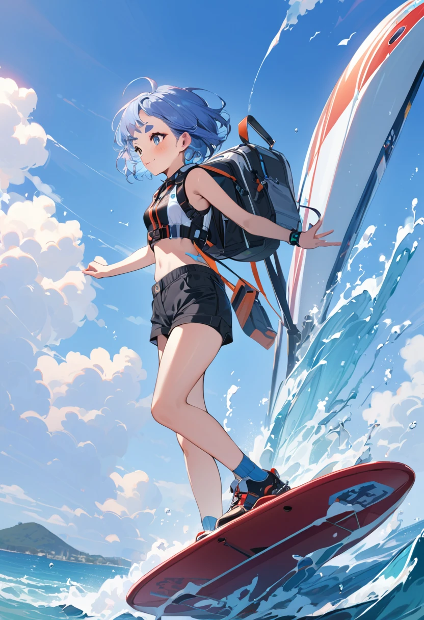 (masterpiece, best quality:1.1), (ultra highres, ultra-detailed:1.2),beautiful art,(girl is enjoying flyboarding),life vest,flyboard,Clear and beautiful sea and blue sky,(16yo,detailed face, BREAK (darkblue hair, wavy-short hair),middle thick eyebrows,,middle small breasts,fullbody),magnificent view,