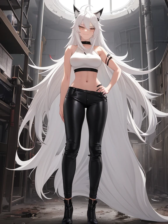 best quality, masterpiece, highres, solo character, solo, animal_ears, wolf_ears, long_hair, scar, bangs, scar_across_eye, hair_ornament, hairclip, scar_on_face, hair_between_eyes, grey_eyes, smile, grey_hair, white_hair, upper_body, Anime art, tall anime woman. muscular body, (((dirty white hair messy hair))), Amber Orange eyes, white loose Tube top, exposed belly skin, (((black long skinny pants))), black combat boots, white tail and cat ears, ultra high detail face, ultra high detail eyes, evil grin expression. hands on hips pose, looking at viewer. mechanic workshop background. super high detail eyes, very detailed eyes.