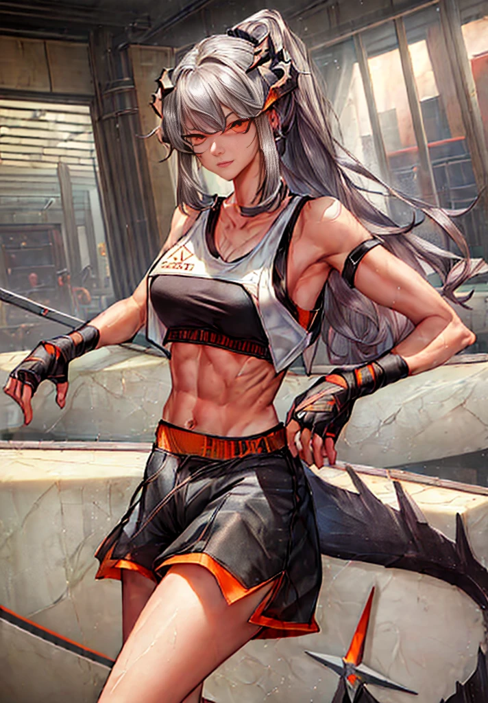 (((good face, good eyes, beautiful face, good mouth, good nose, sparkling eyes))), (((stomach, nice belly, thin, toned, ribs, nice navel))), (((perfect anatomy))), ((anime girl, anime)), detailed background, highres, official art, (masterpiece, best quality, absurdres), ((((1girl, solo)))), ((extreme detail)), (ultra-detailed), (textured skin), (((very clear))), best quality, masterpiece, highres, bare shoulders, black shorts, breasts, closed mouth, collarbone, earrings, grey hair, hand wraps, horns, jewelry, long hair, looking at viewer, medium breasts, orange eyes, ponytail, short shorts, shorts, sidelocks, tail, ((indoors, gym))