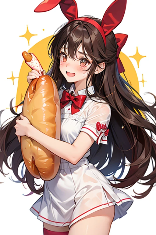 A girl bunny wrapped over a red hot dog. She has an excited expression and very faint, red blushed cheeks. She wears a red bow and has a mustard drizzle. SPARKLE; GLITTER