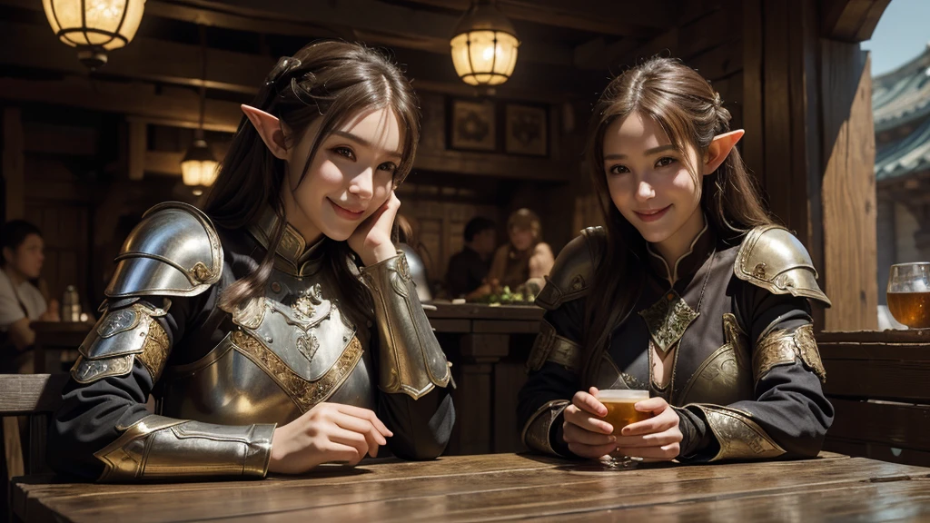 masterpiece, rest, best quality, Very detailed, Super real, 16K, high resolution, Pub，Beautiful female elf，Openwork leather armor，回声 is sitting in a tavern, Smiling Face，Relax，Soft lighting