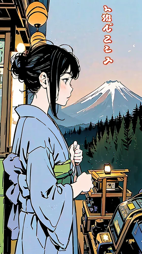 fair、shrine、yukata、Black Hair、profile、Shortcuts、Girl、night、Lantern Light、hanabi、mt.fuji