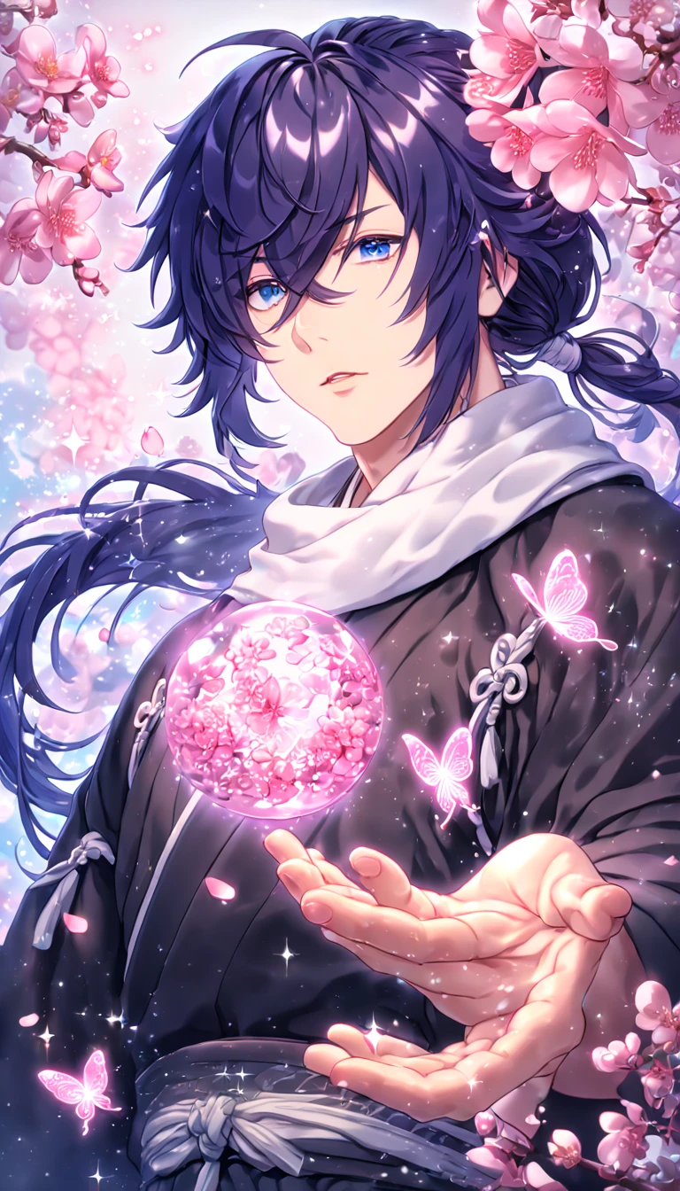 absurdres, highres, ultra detailed, HDR, master piece, best quality, Hajime Saito, long indigo hair, hair loosely tied into a side low ponytail, hair over the right eye, expressive blue eyes, Hakuouki, solo, sexy man, handsome, white scarf, black kimono, water, fantasy, magical, shining, pink flowers, pink blossoms, pink petals, pink butterflies, sparkling glass