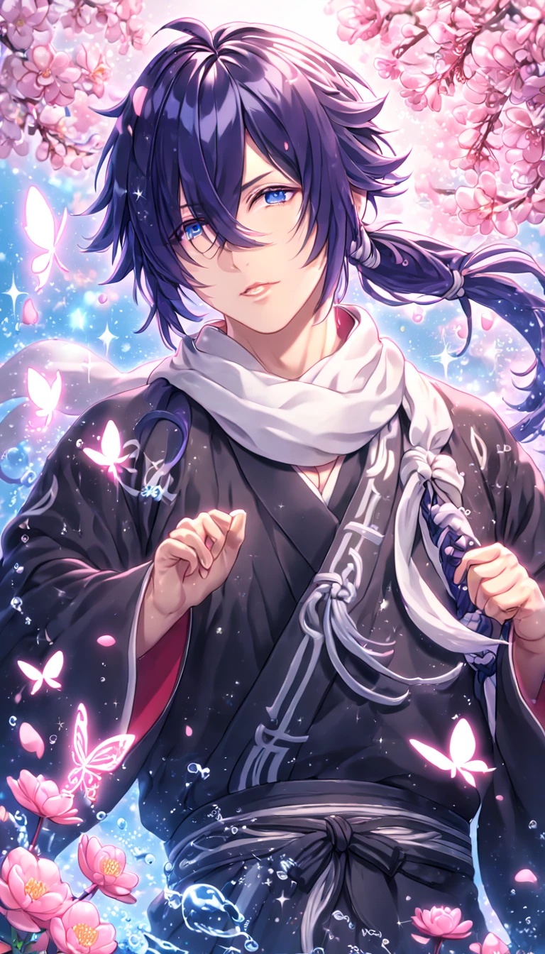 absurdres, highres, ultra detailed, HDR, master piece, best quality, Hajime Saito, long indigo hair, hair loosely tied into a side low ponytail, hair over the right eye, expressive blue eyes, Hakuouki, solo, sexy man, handsome, white scarf, black kimono, water, fantasy, magical, shining, pink flowers, pink blossoms, pink petals, pink butterflies, sparkling glass