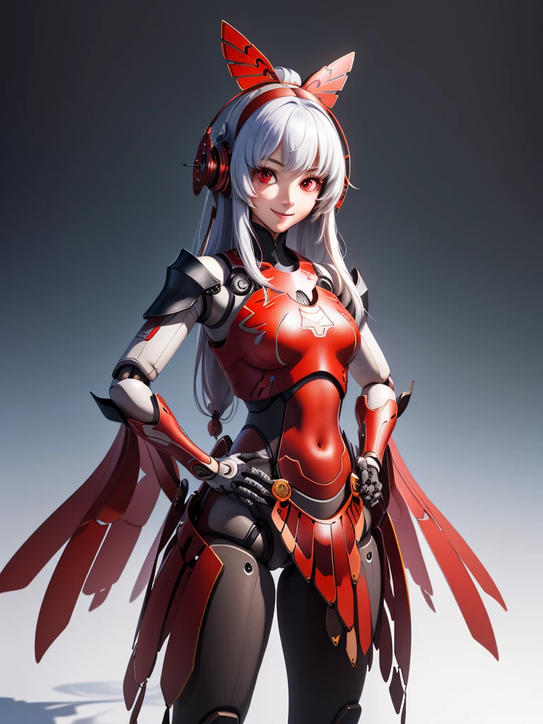 metis,android,robot joints,(extremely detailed CG unity 4k wallpaper),(masterpiece),(best quality),(ultra-detailed),(best illustration),(best shadow),(absurdres),(Simple background), White long hair (Hime cut), Red eyes, Smile, happy, Hands on hips,